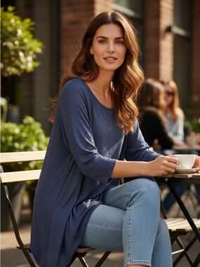 Style & Co‎ Navy Blue Heathered Tunic Top Small 3/4 Sleeve Swing Shirt Modern